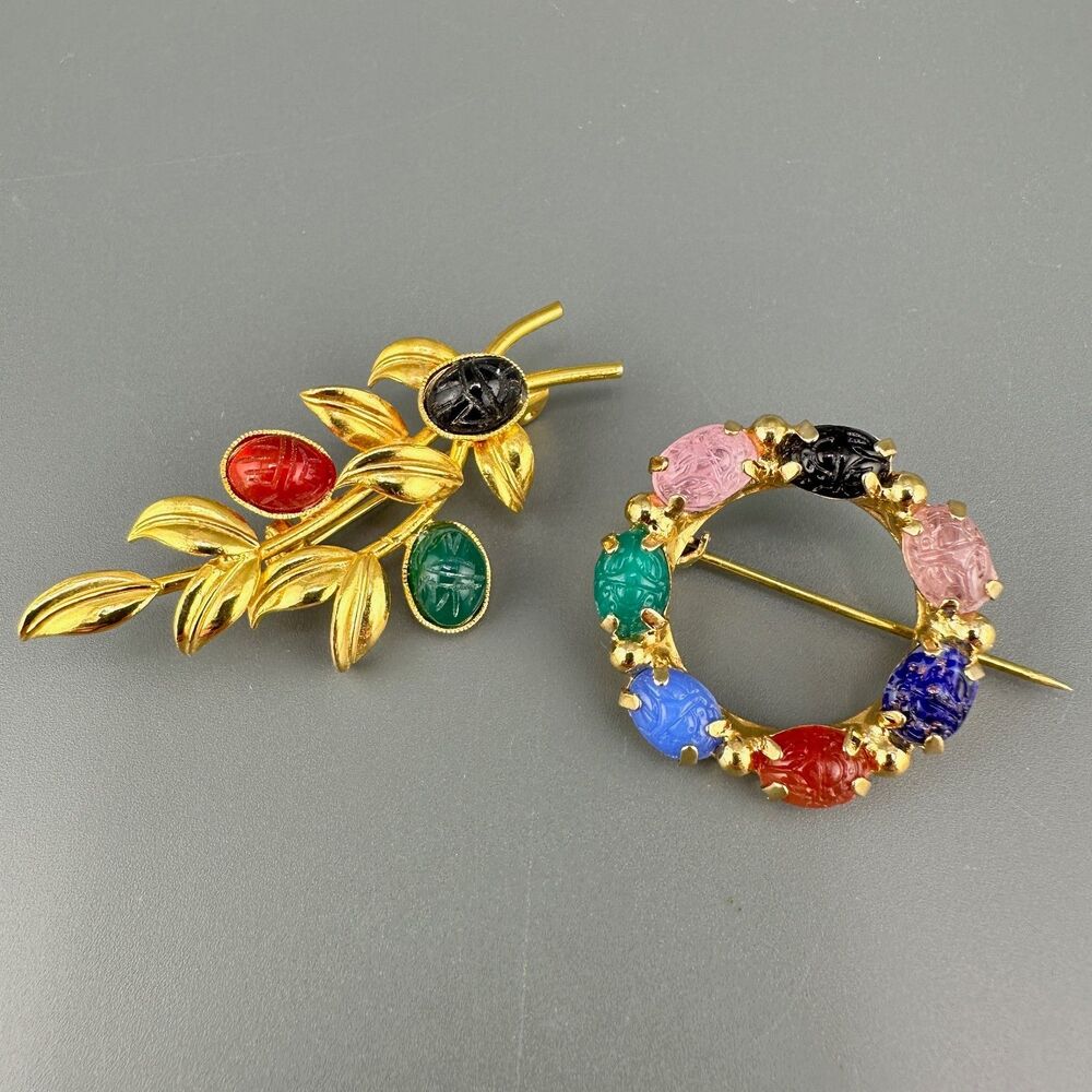 Vintage Scarab Brooch Pin Lot Gold Tone Carved Multicolor Branch Leaf Circle
